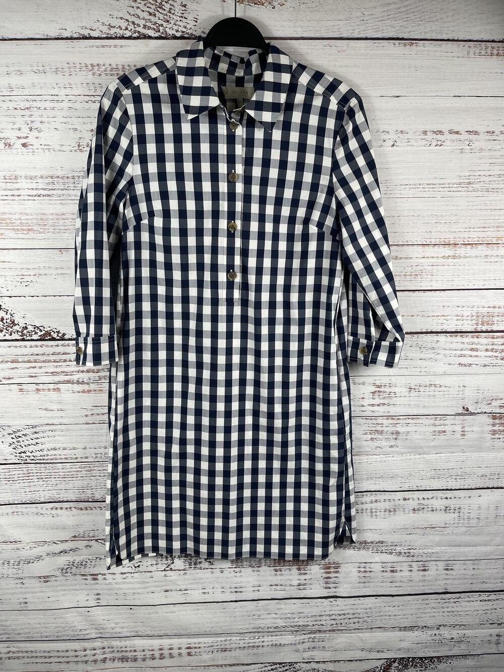 Hobbs Shirt Dress Women's 6 Blue Gingham Collared 3/4 Sleeve Knee Length Pockets